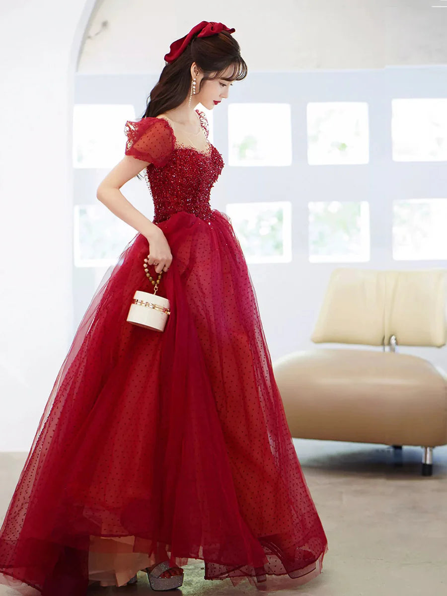 Burgundy Tulle Sequin Scoop Neckline A-Line Long Prom Dress Evening Party Dress