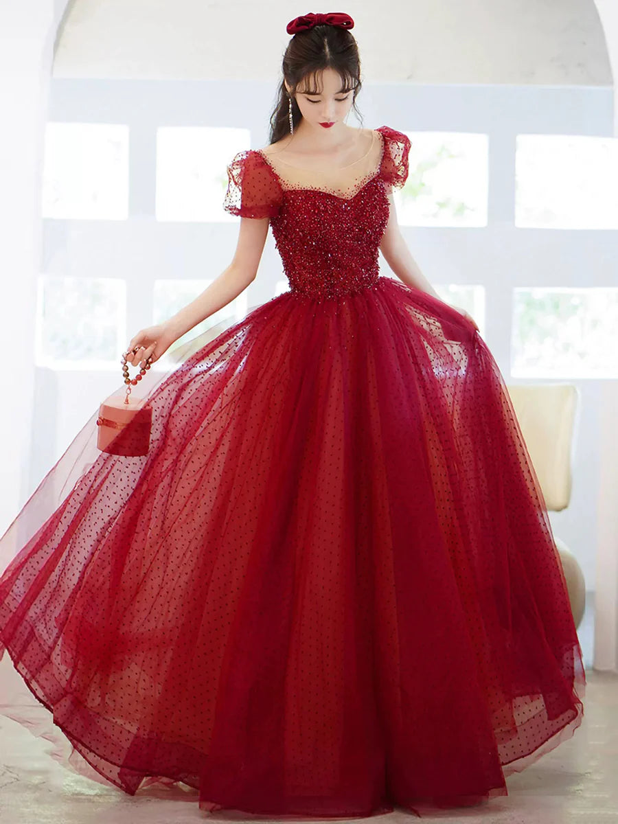 Burgundy Tulle Sequin Scoop Neckline A-Line Long Prom Dress Evening Party Dress