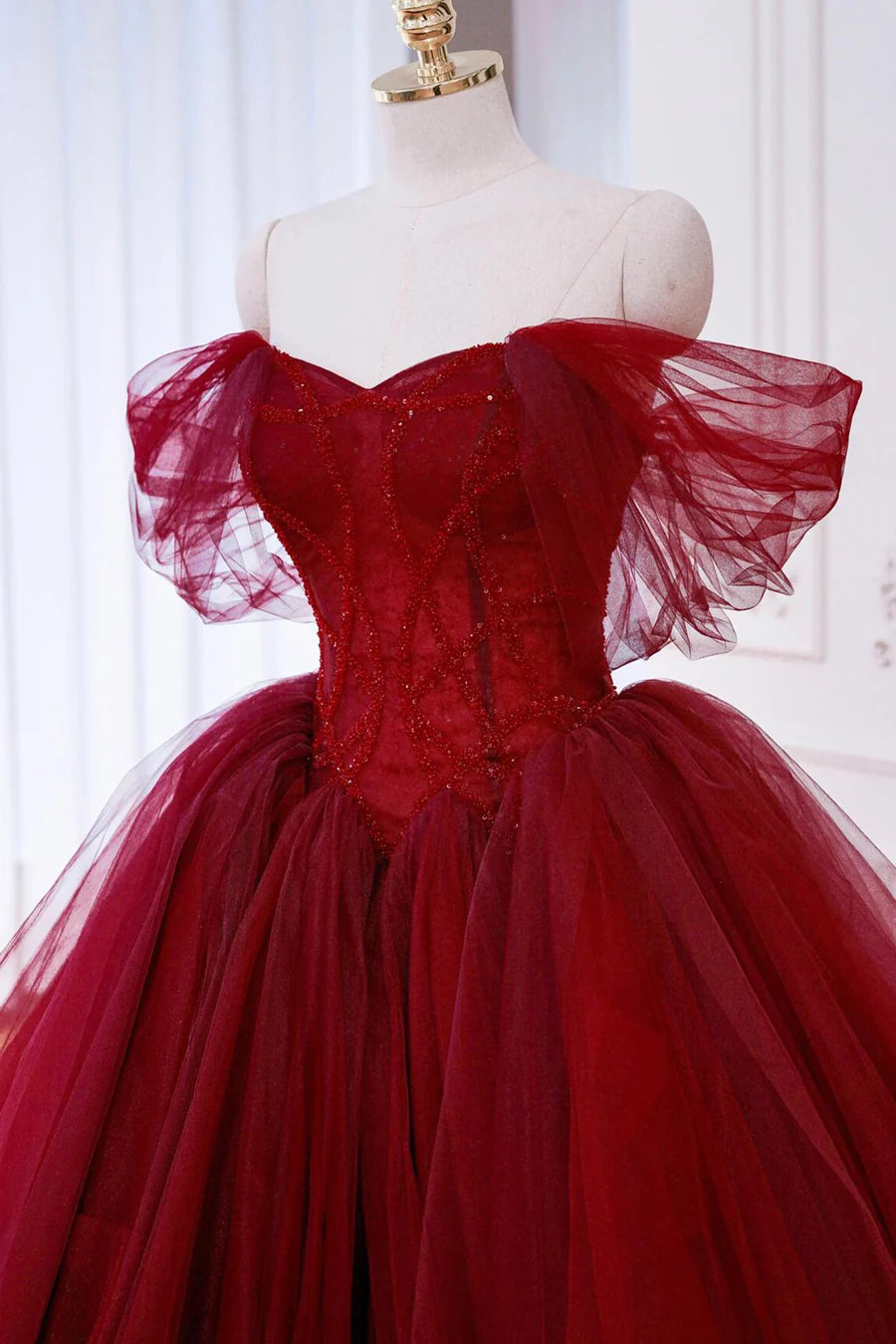 Burgundy Tulle Sequins Beaded Tiered A-Line Off Shoulder Long Prom Dress Party Dress