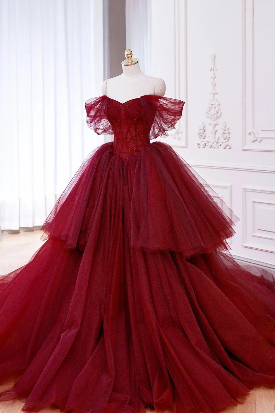 Burgundy Tulle Sequins Beaded Tiered A-Line Off Shoulder Long Prom Dress Party Dress