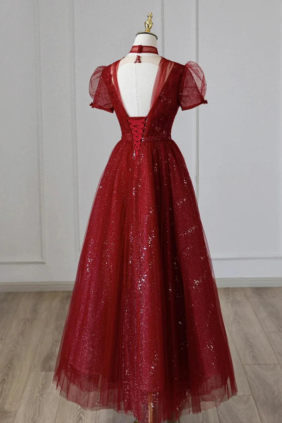 Burgundy Tulle Sequins V Neck Short Sleeves Tea Length Prom Dress A-Line Homecoming Dress
