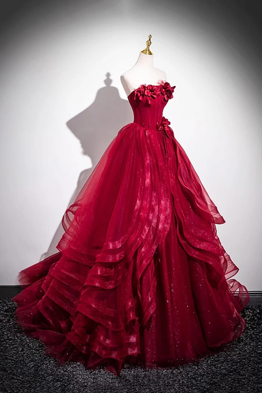 Burgundy Tulle Strapless Layered A-Line Long Prom Dress Evening Party Dress