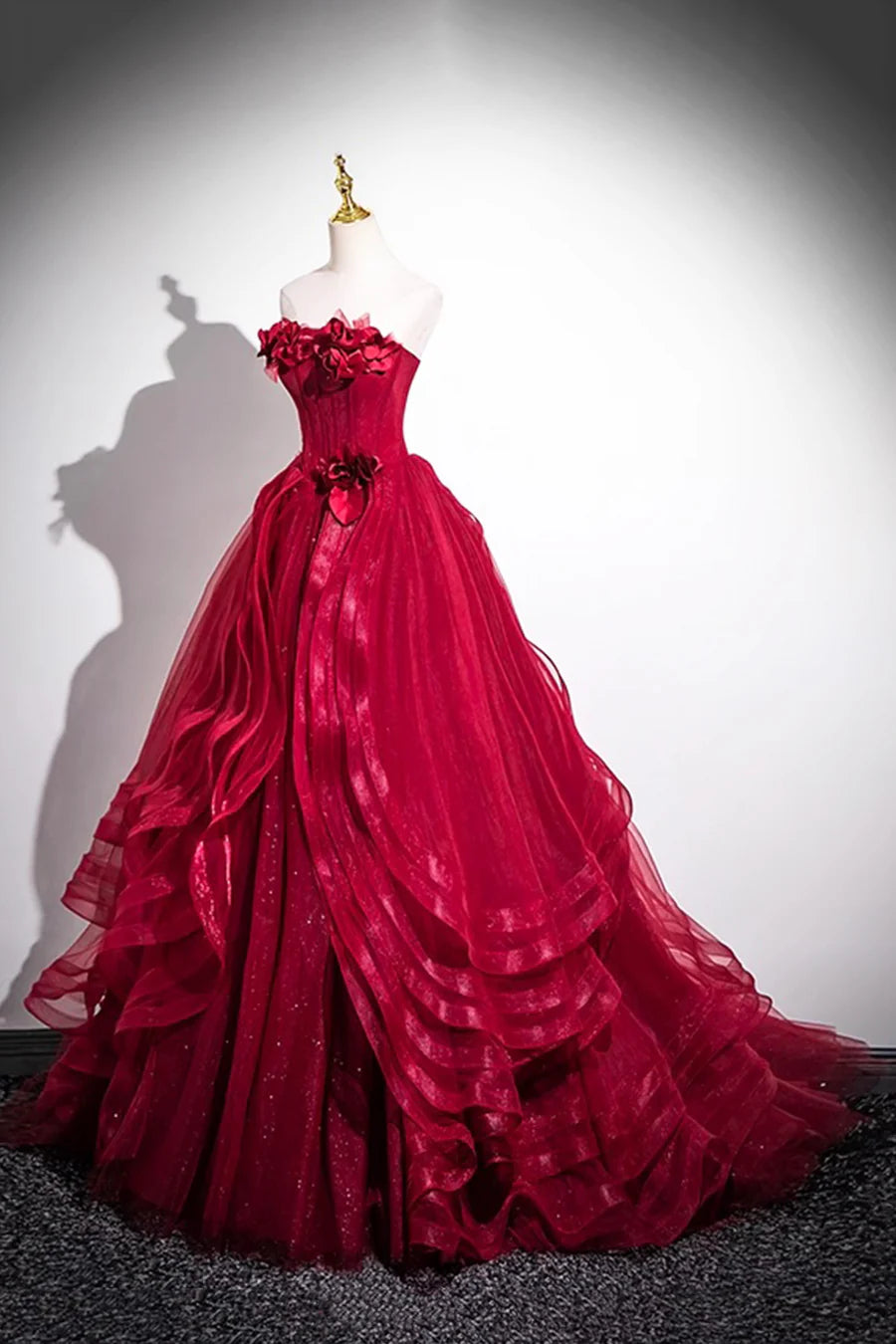 Burgundy Tulle Strapless Layered A-Line Long Prom Dress Evening Party Dress