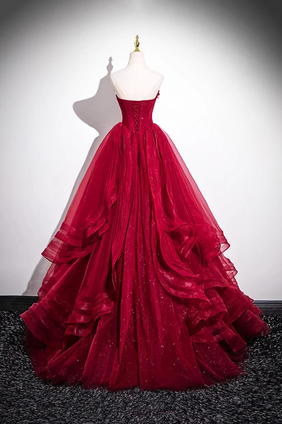 Burgundy Tulle Strapless Layered A-Line Long Prom Dress Evening Party Dress