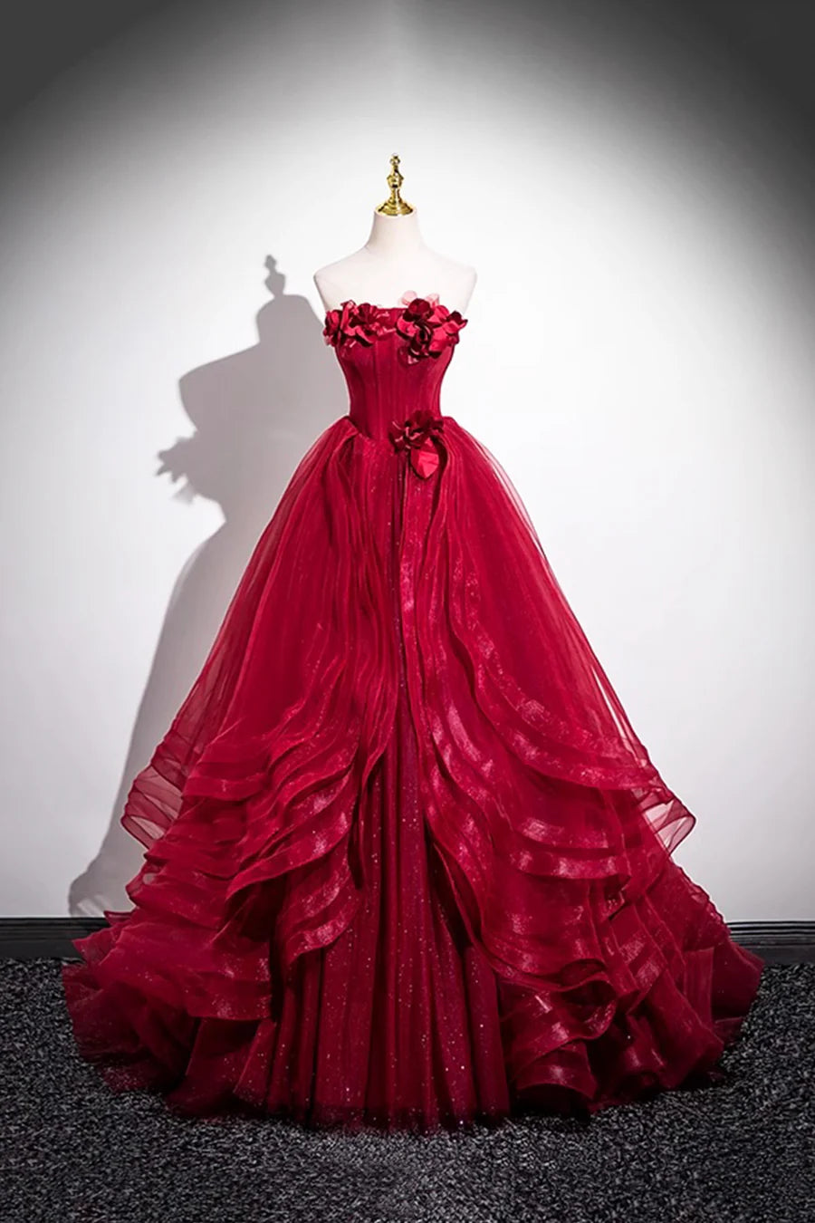 Burgundy Tulle Strapless Layered A-Line Long Prom Dress Evening Party Dress