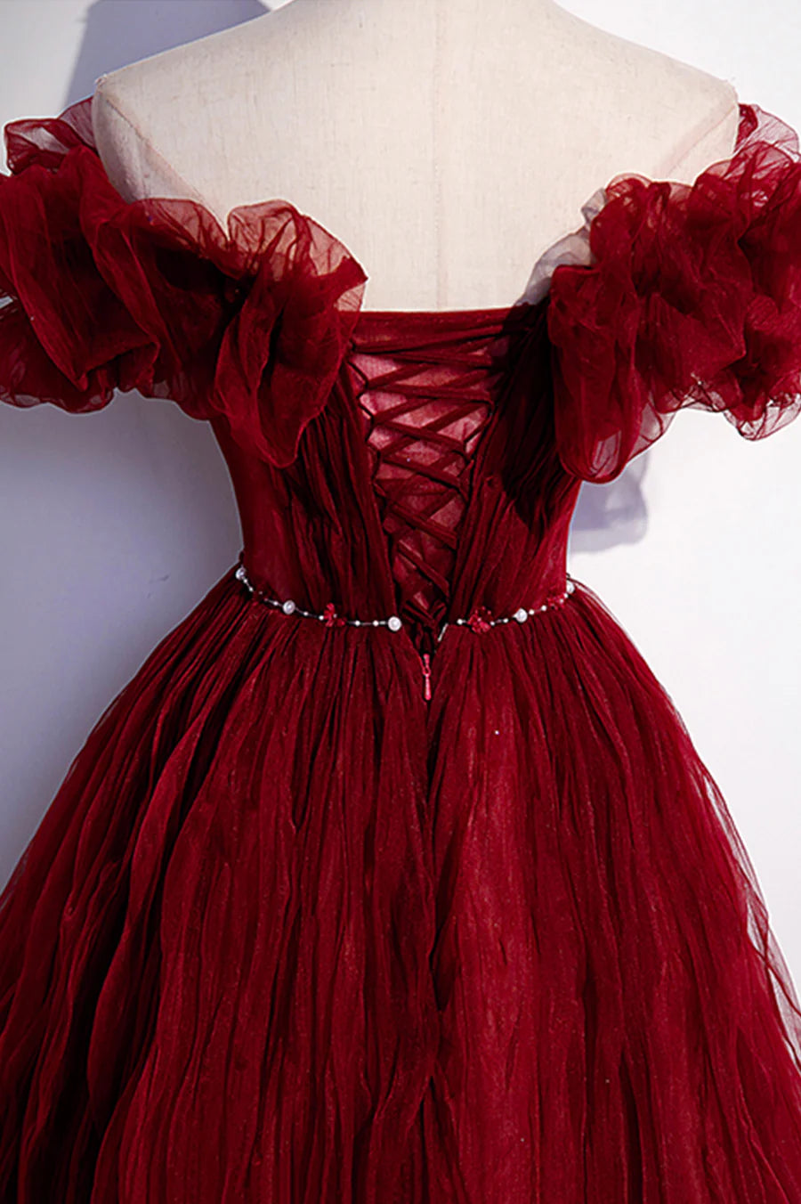 Burgundy Tulle Tiered Off Shoulder A-Line Long Prom Dresses Party Dresses