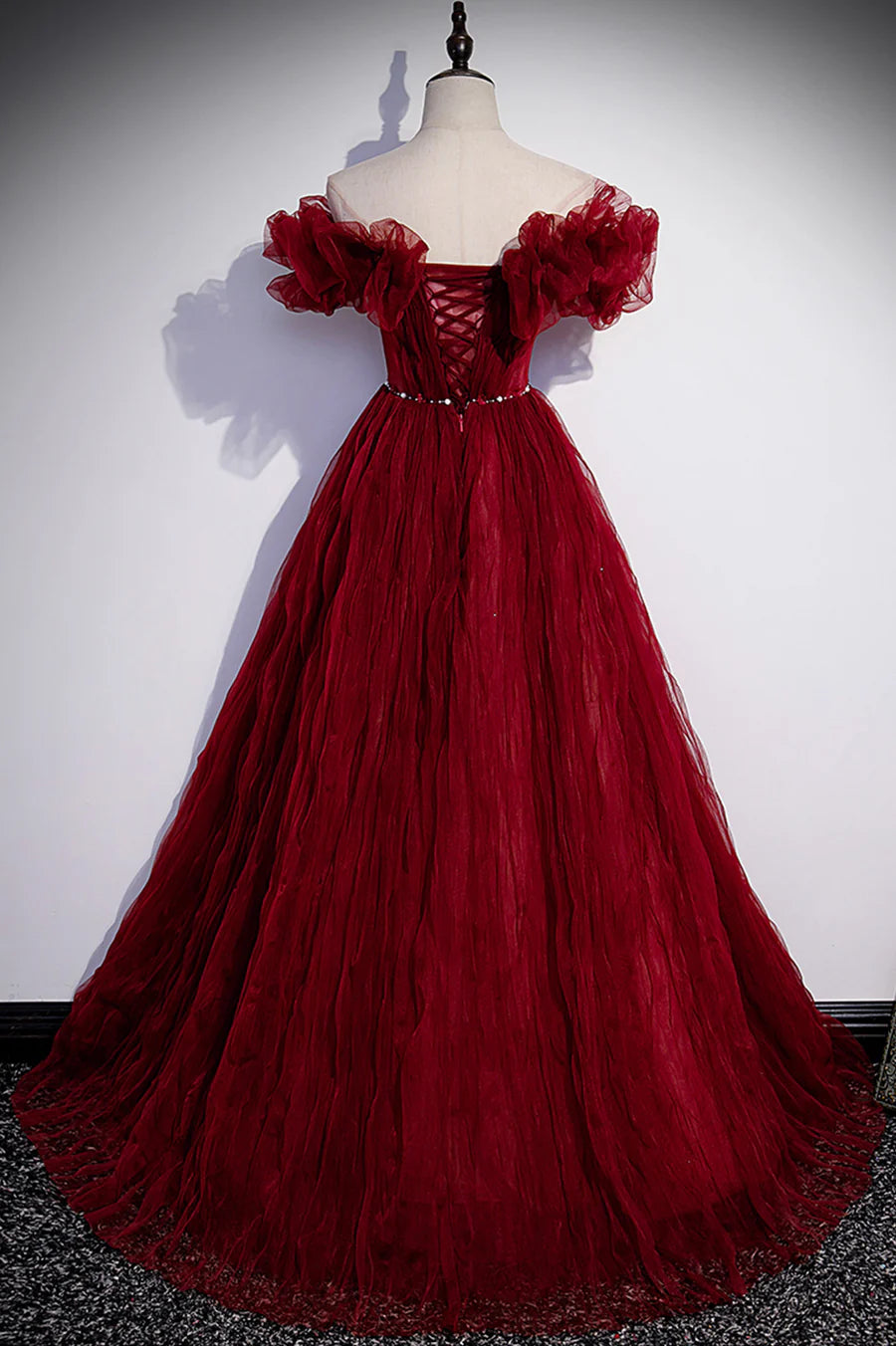 Burgundy Tulle Tiered Off Shoulder A-Line Long Prom Dresses Party Dresses