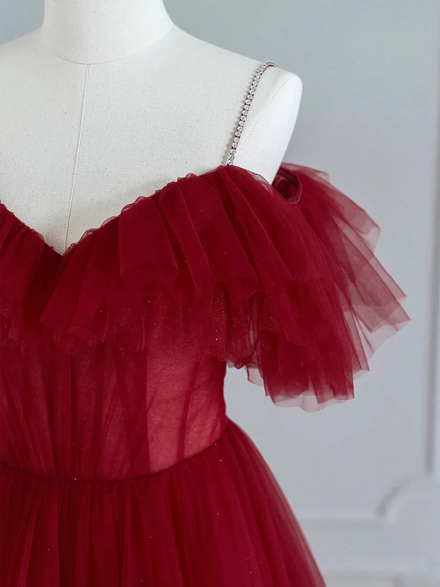 Burgundy Tulle V-neck Spaghetti Strap Tea Length Prom Dress Cute A-Line Homecoming Dress