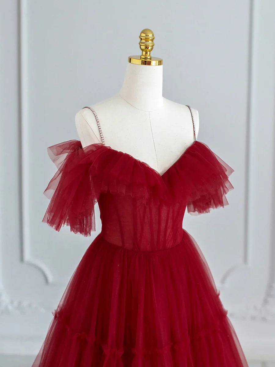 Burgundy Tulle V-neck Spaghetti Strap Tea Length Prom Dress Cute A-Line Homecoming Dress