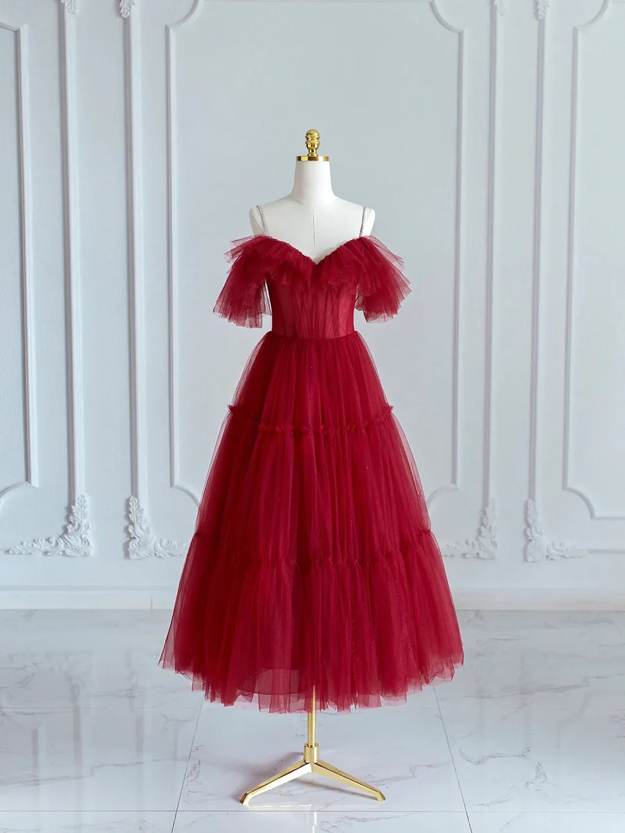 Burgundy Tulle V-neck Spaghetti Strap Tea Length Prom Dress Cute A-Line Homecoming Dress