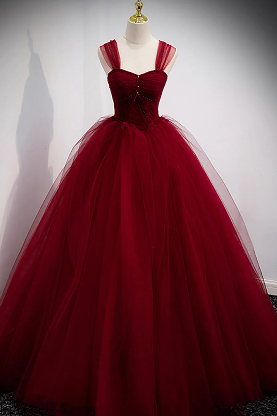 Burgundy Tulle With Beaded A-Line Long Prom Dress Evening Party Dress