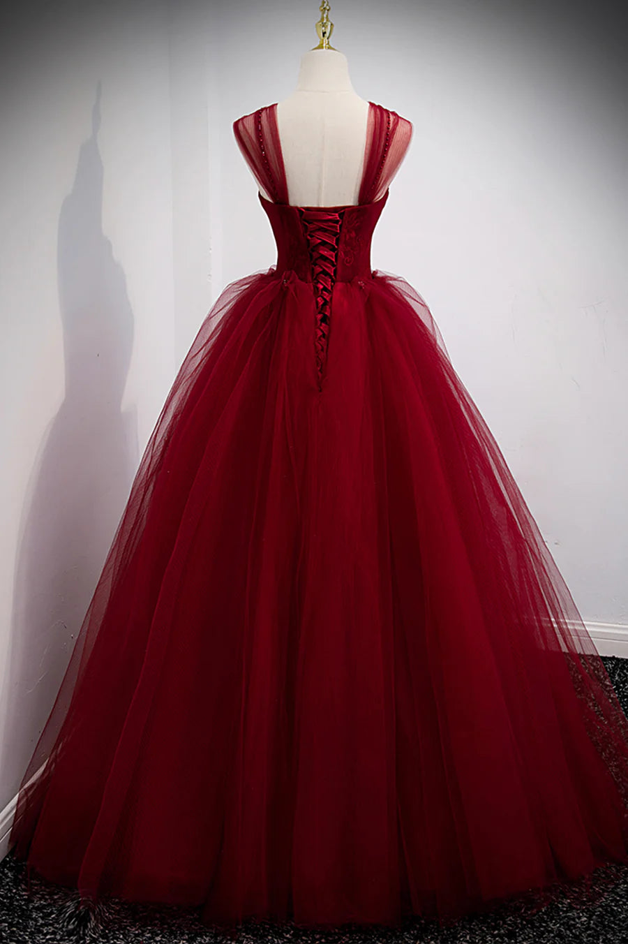 Burgundy Tulle With Beaded A-Line Long Prom Dress Evening Party Dress