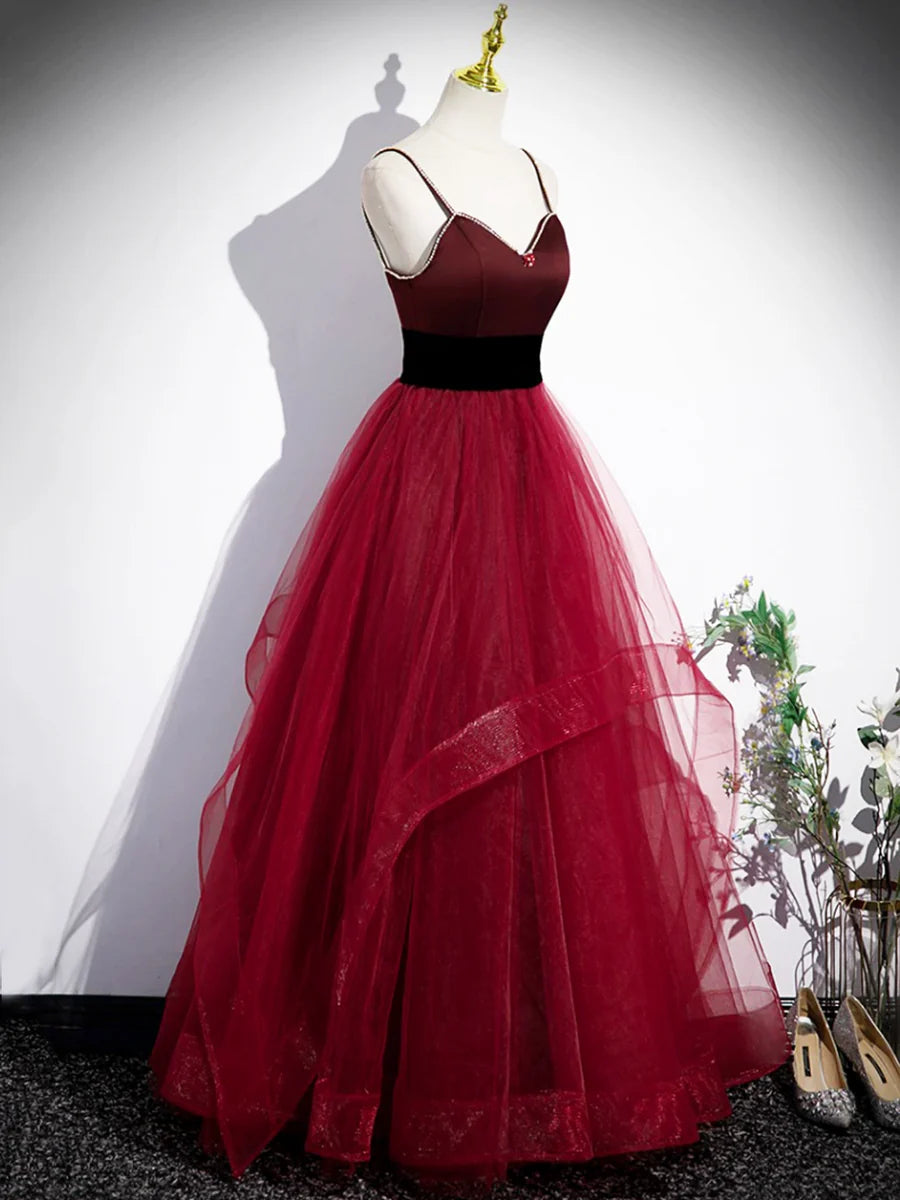 Burgundy Tulle With Beaded Spaghetti Strap Long Corset Prom Dress A-Line Floor Length Evening Party Dress