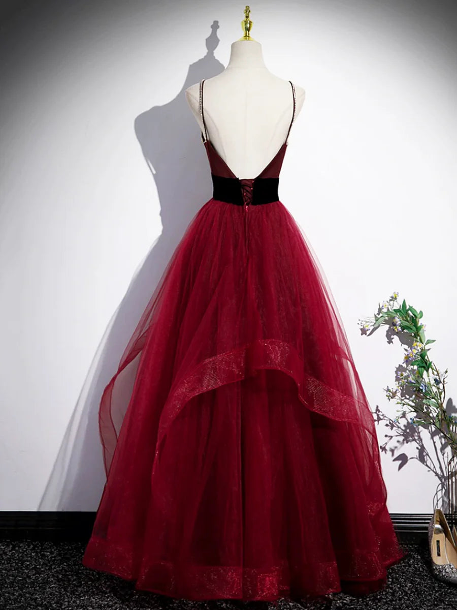 Burgundy Tulle With Beaded Spaghetti Strap Long Corset Prom Dress A-Line Floor Length Evening Party Dress