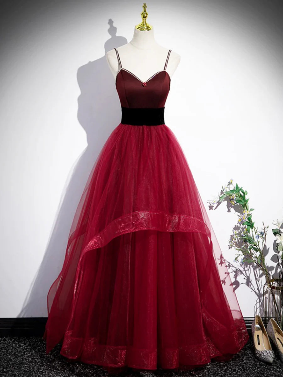 Burgundy Tulle With Beaded Spaghetti Strap Long Corset Prom Dress A-Line Floor Length Evening Party Dress