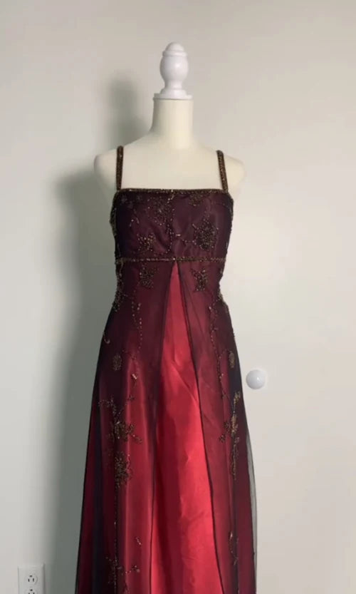 Burgundy Tulle With Beaded Spaghetti Straps A Line Long Evening Dress Party Dress Prom Dress