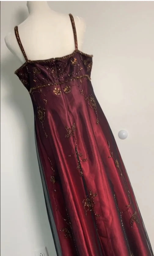Burgundy Tulle With Beaded Spaghetti Straps A Line Long Evening Dress Party Dress Prom Dress