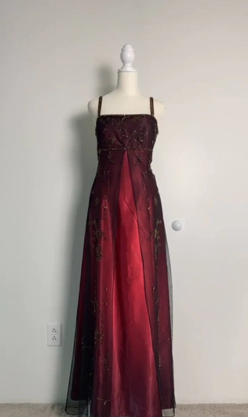 Burgundy Tulle With Beaded Spaghetti Straps A Line Long Evening Dress Party Dress Prom Dress