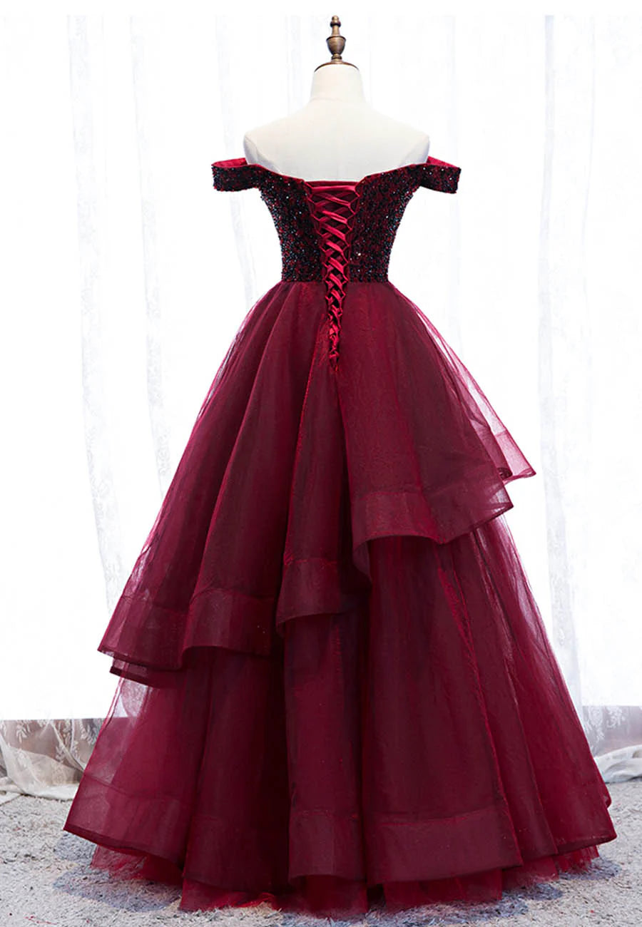 Burgundy Tulle With Beaded Tiered Long A-Line Prom Dresses Off the Shoulder Evening Dresses