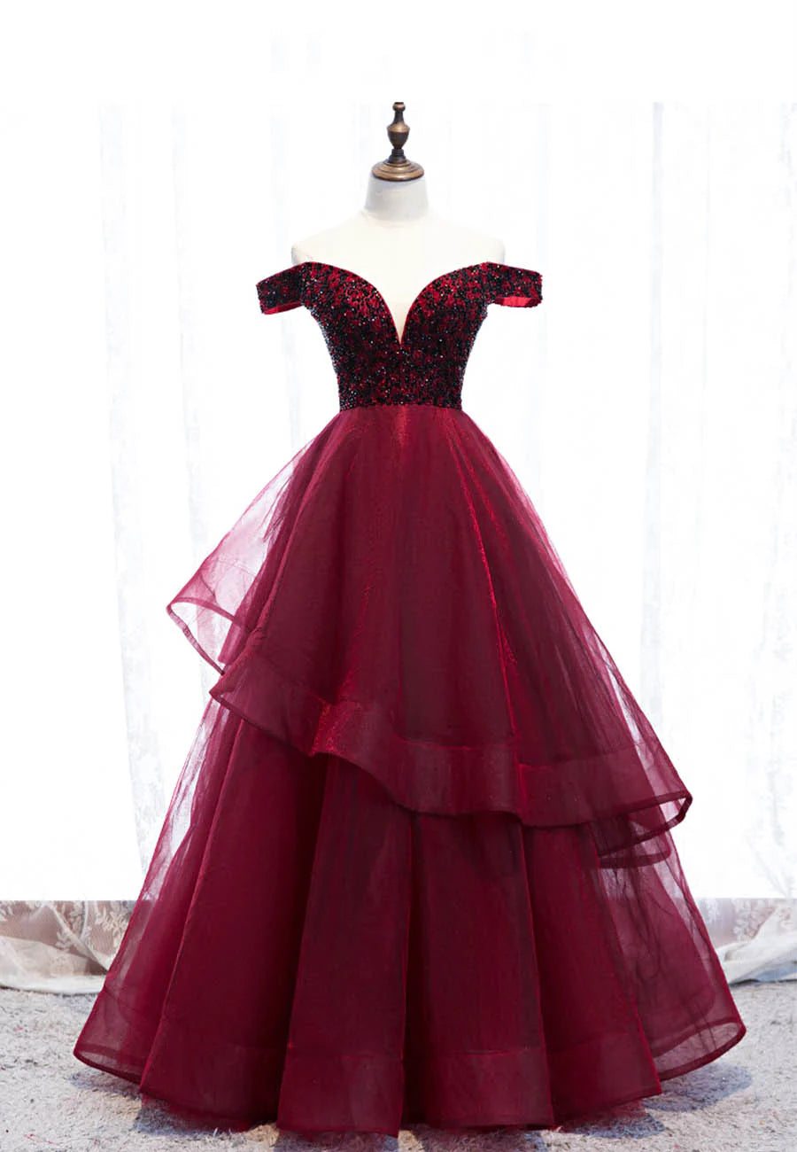 Burgundy Tulle With Beaded Tiered Long A-Line Prom Dresses Off the Shoulder Evening Dresses
