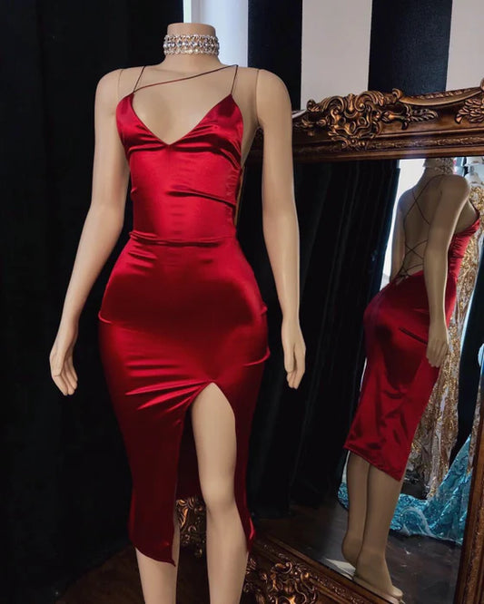 Burgundy V Neck Spaghetti Straps Backless Cross-Strap Prom Dresses Bridesmaid Dress With Slit