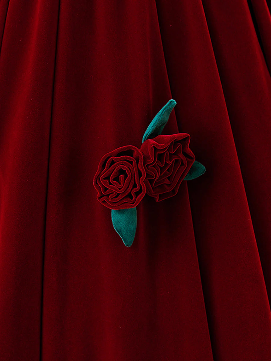 Burgundy Velvet 3D Rose Flower Floor length Long Prom Dress Beautiful A-Line Formal Party Dress