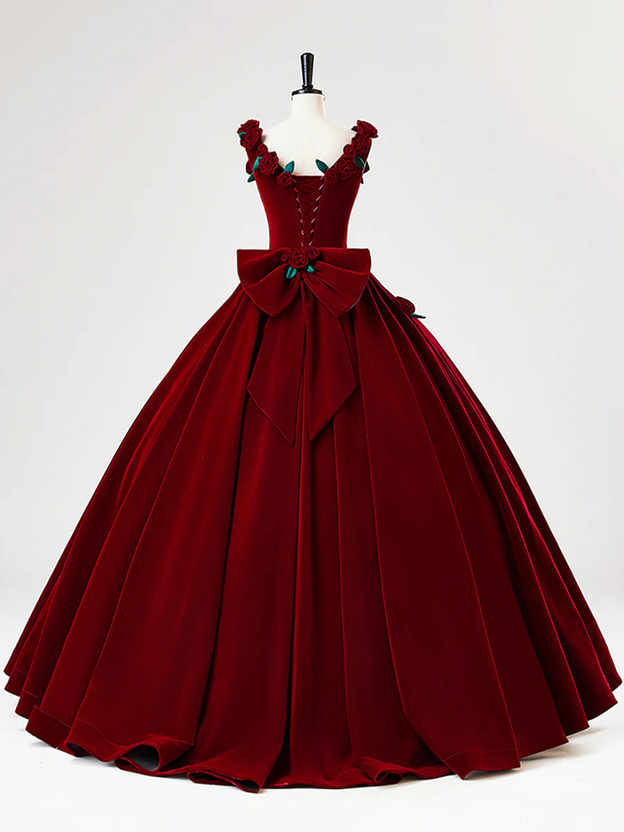 Burgundy Velvet 3D Rose Flower Floor length Long Prom Dress Beautiful A-Line Formal Party Dress