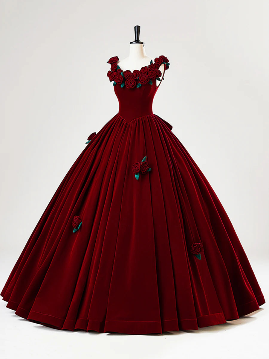 Burgundy Velvet 3D Rose Flower Floor length Long Prom Dress Beautiful A-Line Formal Party Dress