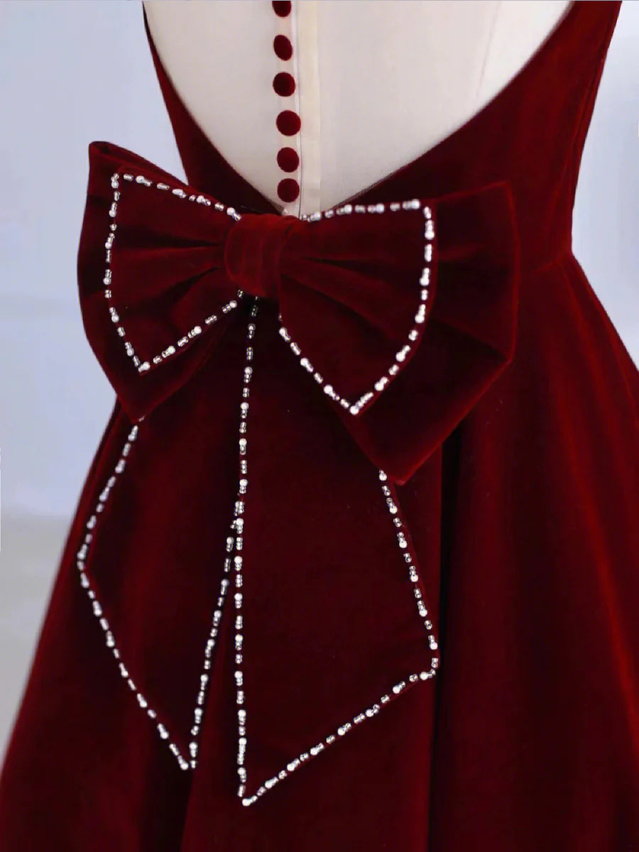 Burgundy Velvet Beaded Buttons Tea Length Homecoming Prom Dress With Bowknot Party Dress