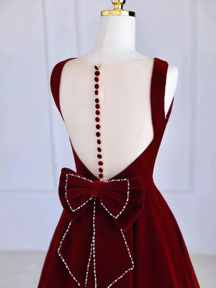 Burgundy Velvet Beaded Buttons Tea Length Homecoming Prom Dress With Bowknot Party Dress