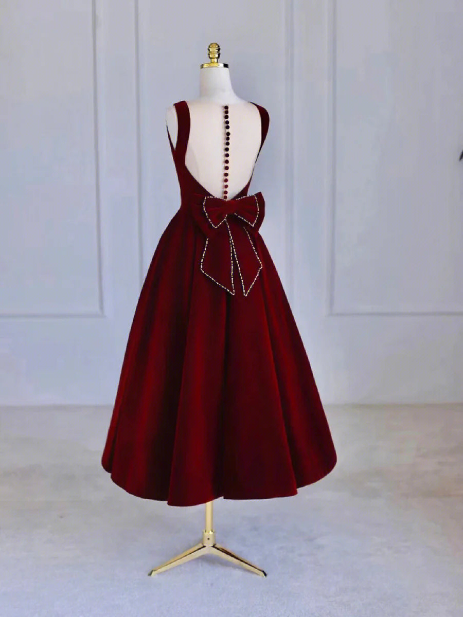 Burgundy Velvet Beaded Buttons Tea Length Homecoming Prom Dress With Bowknot Party Dress