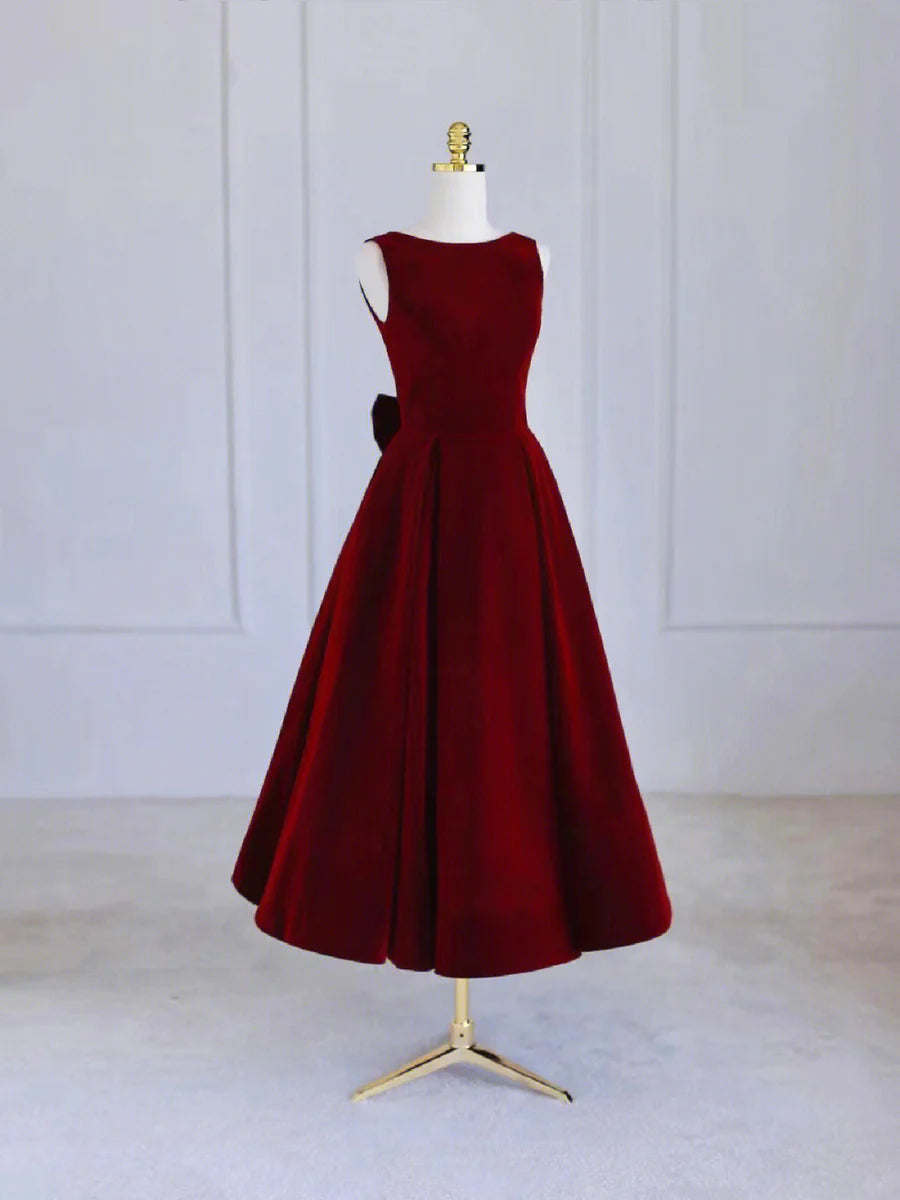 Burgundy Velvet Beaded Buttons Tea Length Homecoming Prom Dress With Bowknot Party Dress