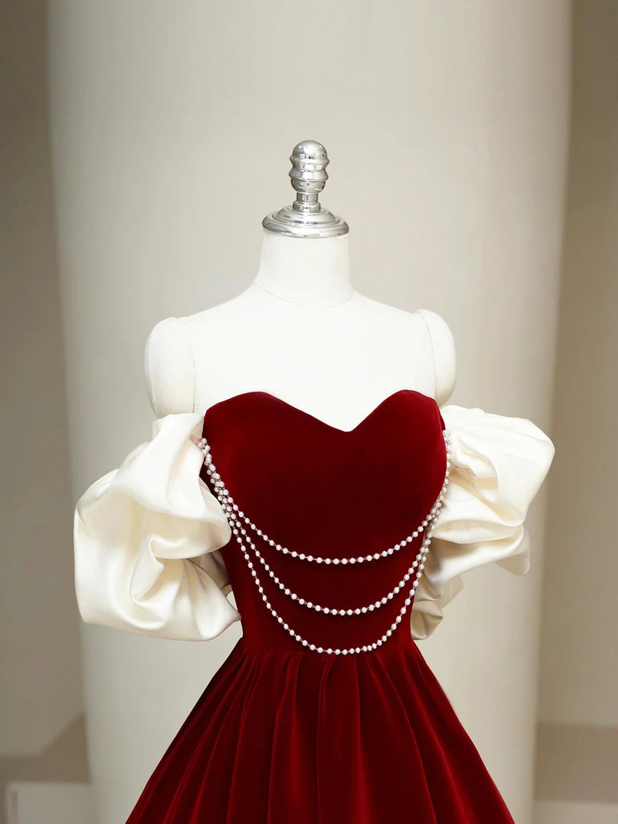 Burgundy Velvet Beaded Sweetheart Collar Long Prom Dress Elegant Strapless Party Dress