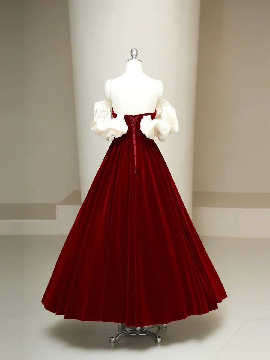 Burgundy Velvet Beaded Sweetheart Collar Long Prom Dress Elegant Strapless Party Dress