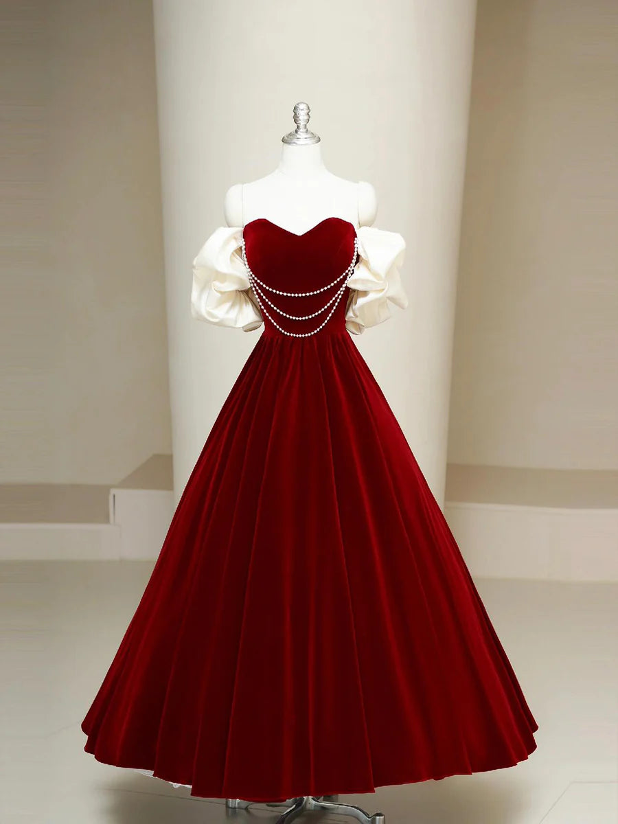 Burgundy Velvet Beaded Sweetheart Collar Long Prom Dress Elegant Strapless Party Dress