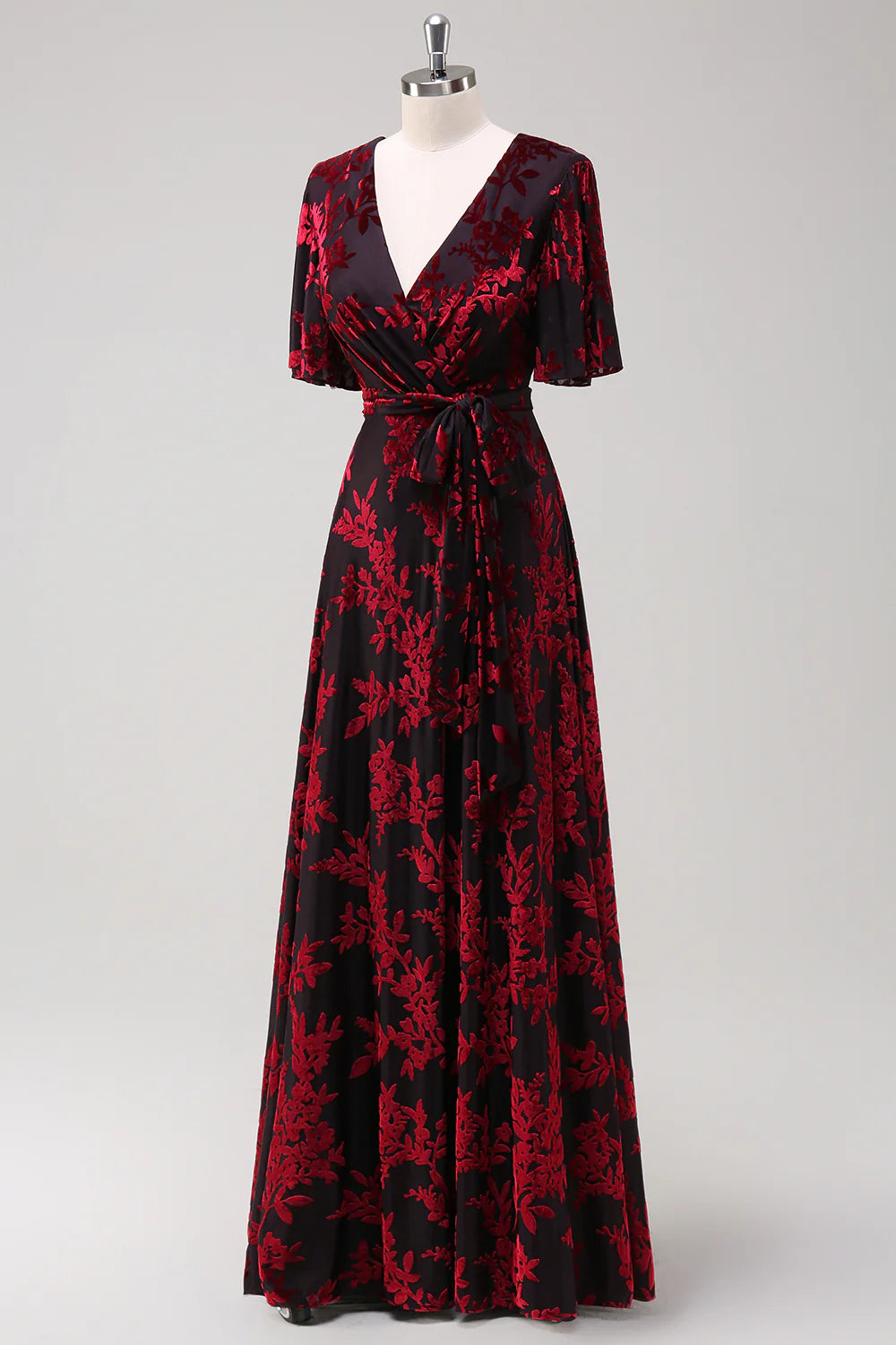 Burgundy Velvet Burnout V Neck A Line Long Mother of the Bride Dresses With Short Sleeves