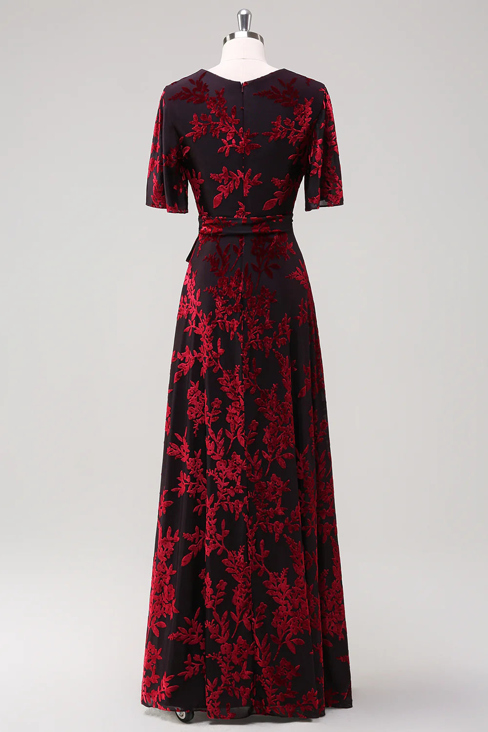 Burgundy Velvet Burnout V Neck A Line Long Mother of the Bride Dresses With Short Sleeves