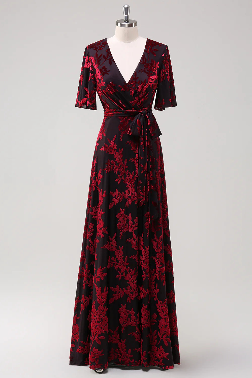 Burgundy Velvet Burnout V Neck A Line Long Mother of the Bride Dresses With Short Sleeves