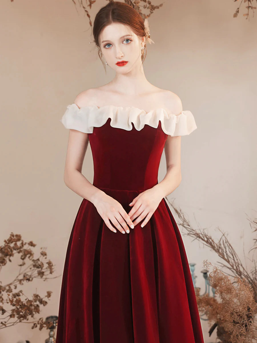 Burgundy Velvet Off the Shoulder Prom Dress Floor Length Evening Discount Long Party Dress