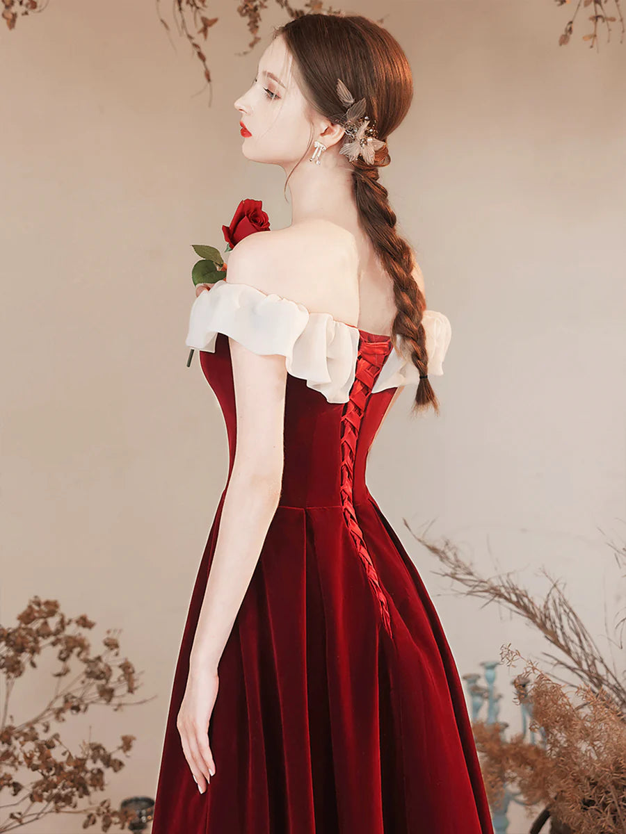 Burgundy Velvet Off the Shoulder Prom Dress Floor Length Evening Discount Long Party Dress