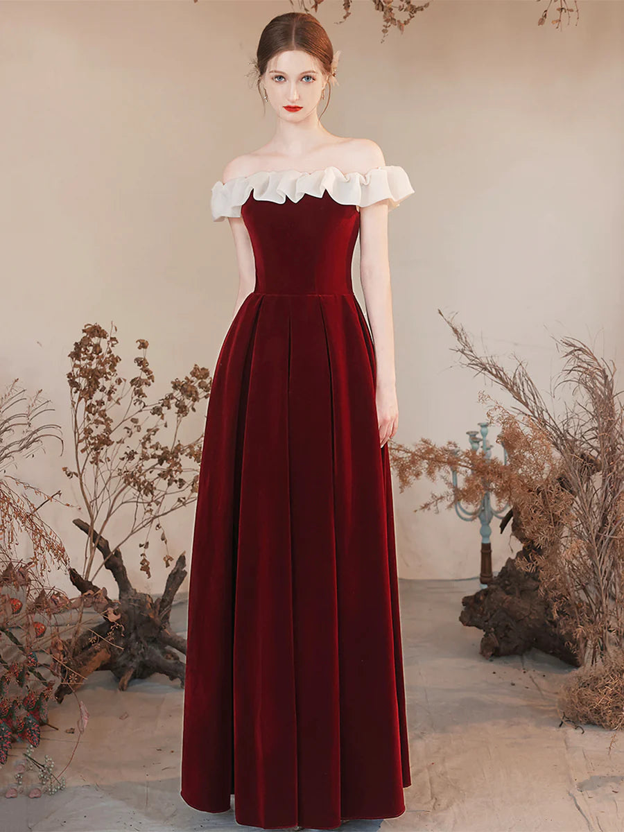 Burgundy Velvet Off the Shoulder Prom Dress Floor Length Evening Discount Long Party Dress