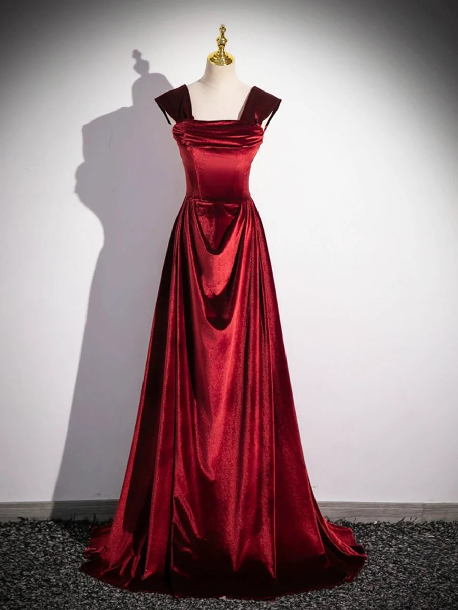 Burgundy Velvet Pleated Long Prom Dress Elegant A-Line Off the Shoulder Party Dress With Short Train