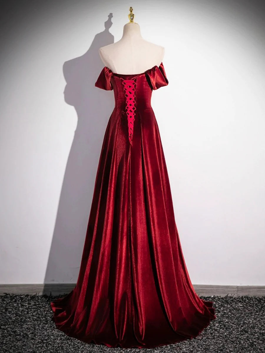 Burgundy Velvet Pleated Long Prom Dress Elegant A-Line Off the Shoulder Party Dress With Short Train