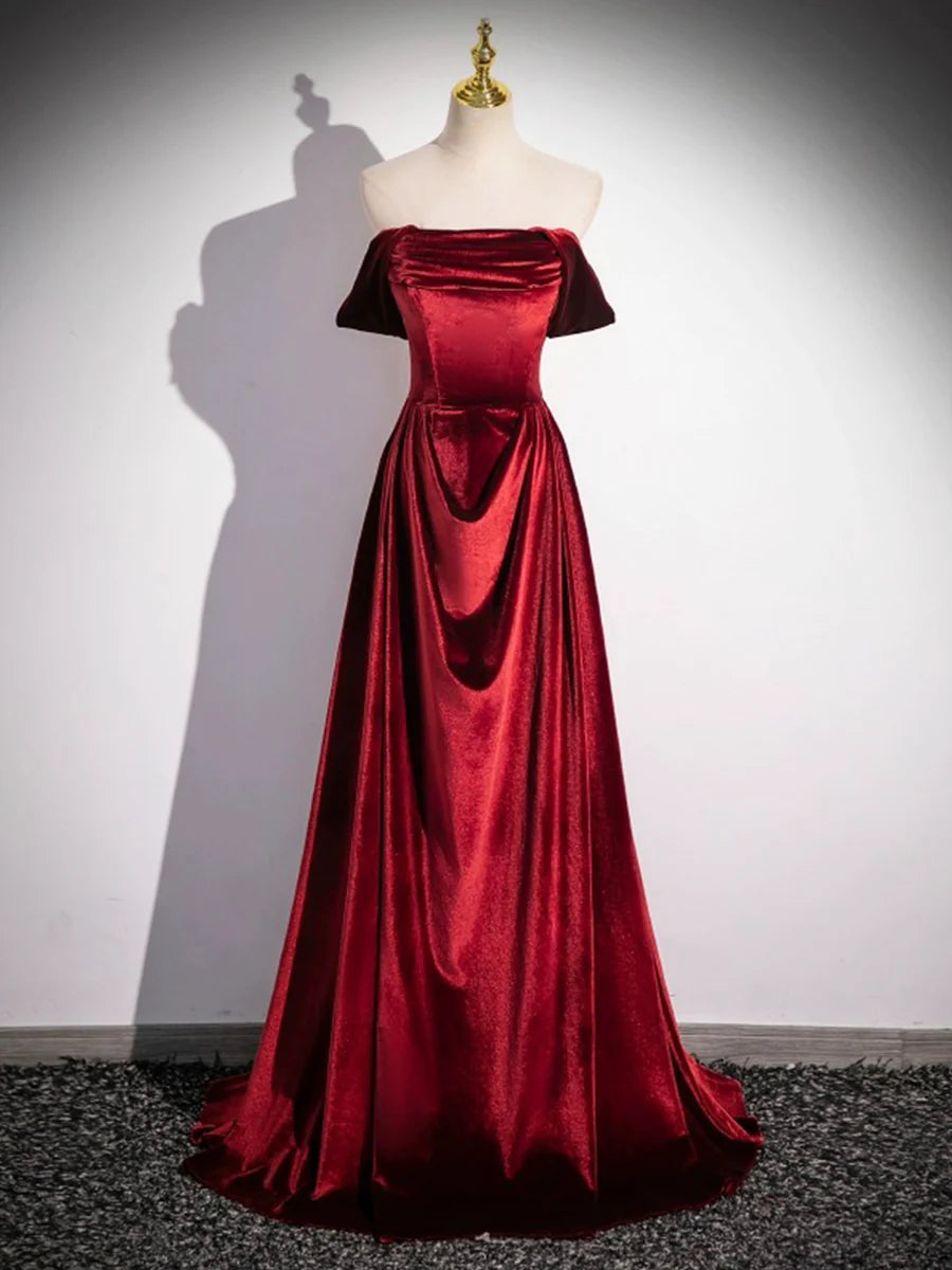 Burgundy Velvet Pleated Long Prom Dress Elegant A-Line Off the Shoulder Party Dress With Short Train