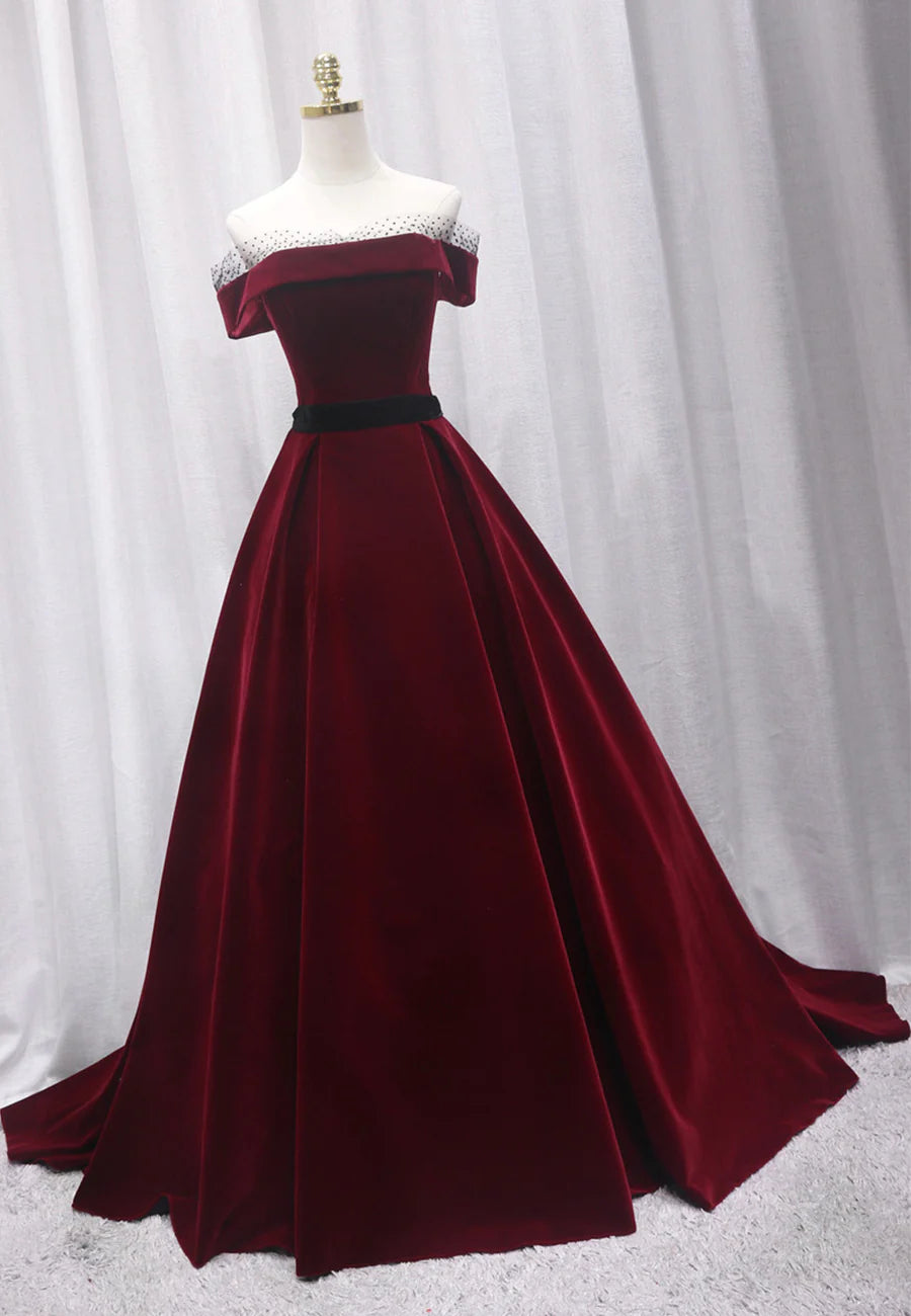 Burgundy Velvet Strapless Floor Length Long Prom Dresses A-Line Evening Dresses