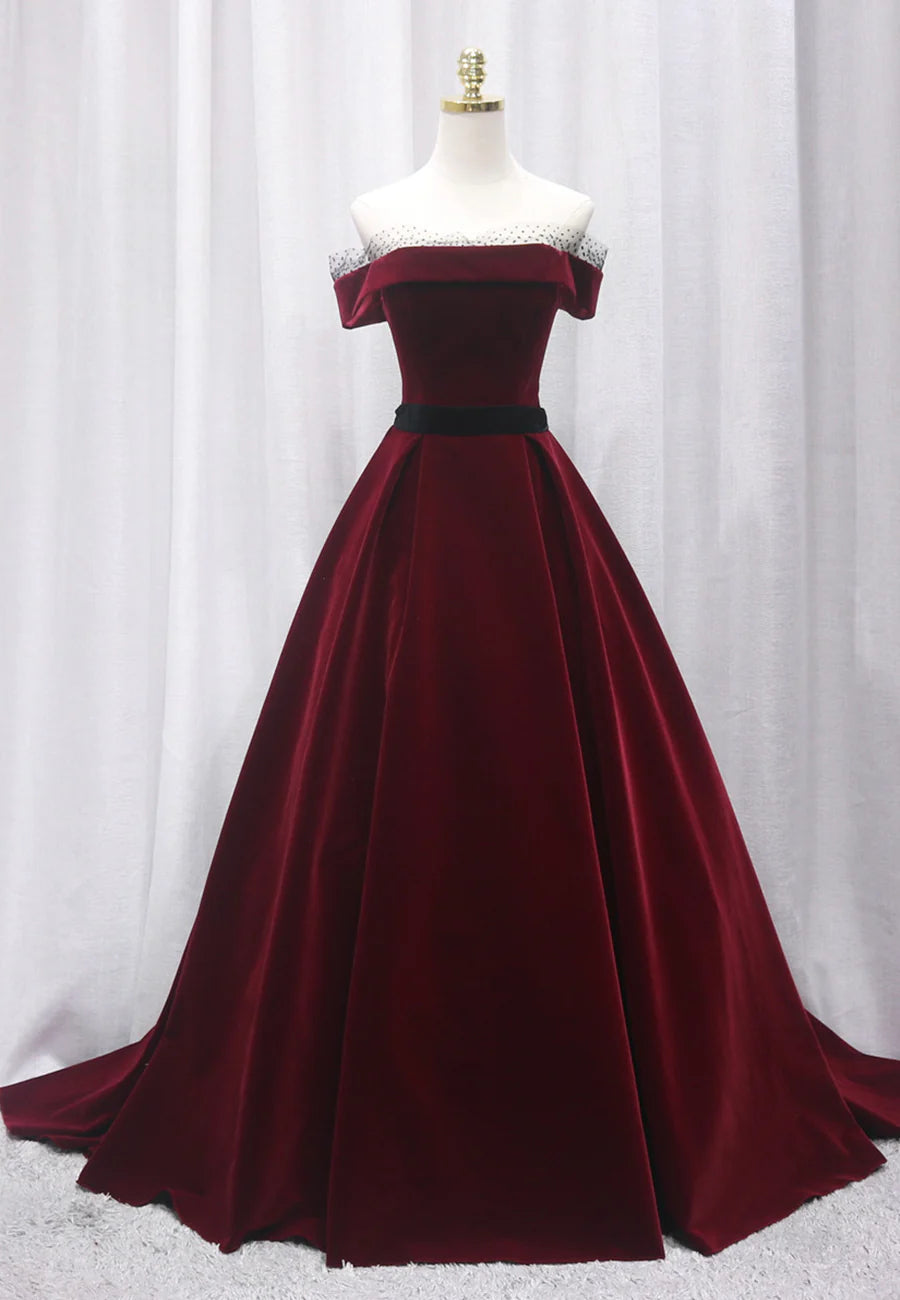 Burgundy Velvet Strapless Floor Length Long Prom Dresses A-Line Evening Dresses