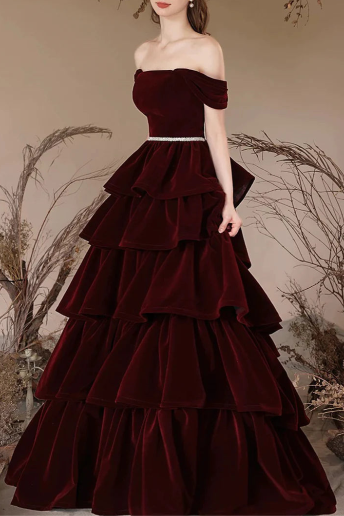 Burgundy Velvet Tiered Square Neck Floor Length Prom Dress Elegant Short Sleeve Formal Evening Dress