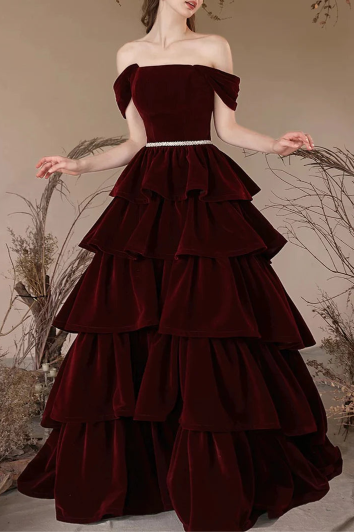 Burgundy Velvet Tiered Square Neck Floor Length Prom Dress Elegant Short Sleeve Formal Evening Dress