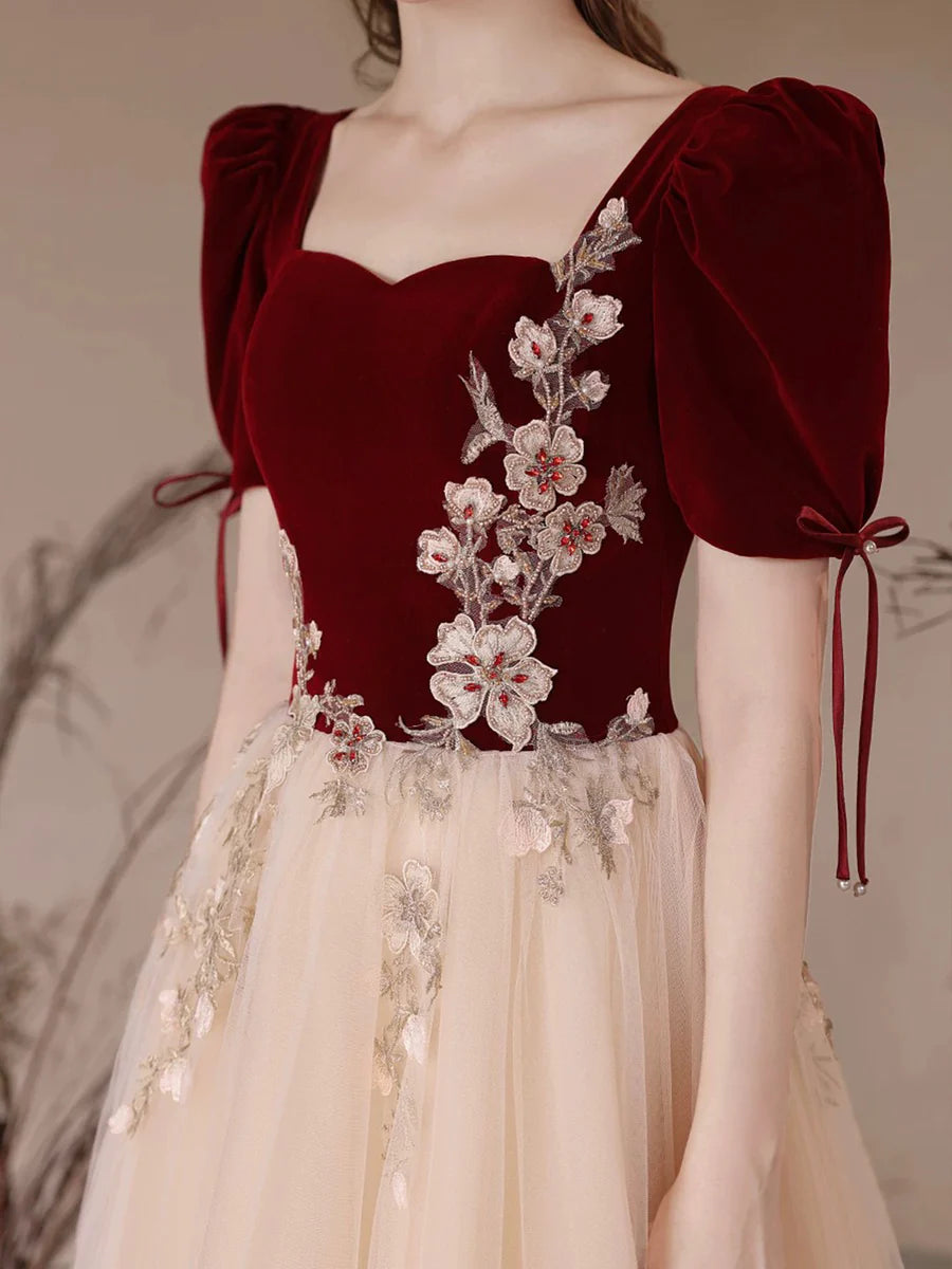 Burgundy Velvet Tulle Beaded With Applique Long Prom Dress Elegant A-Line Short Sleeve Evening Dress