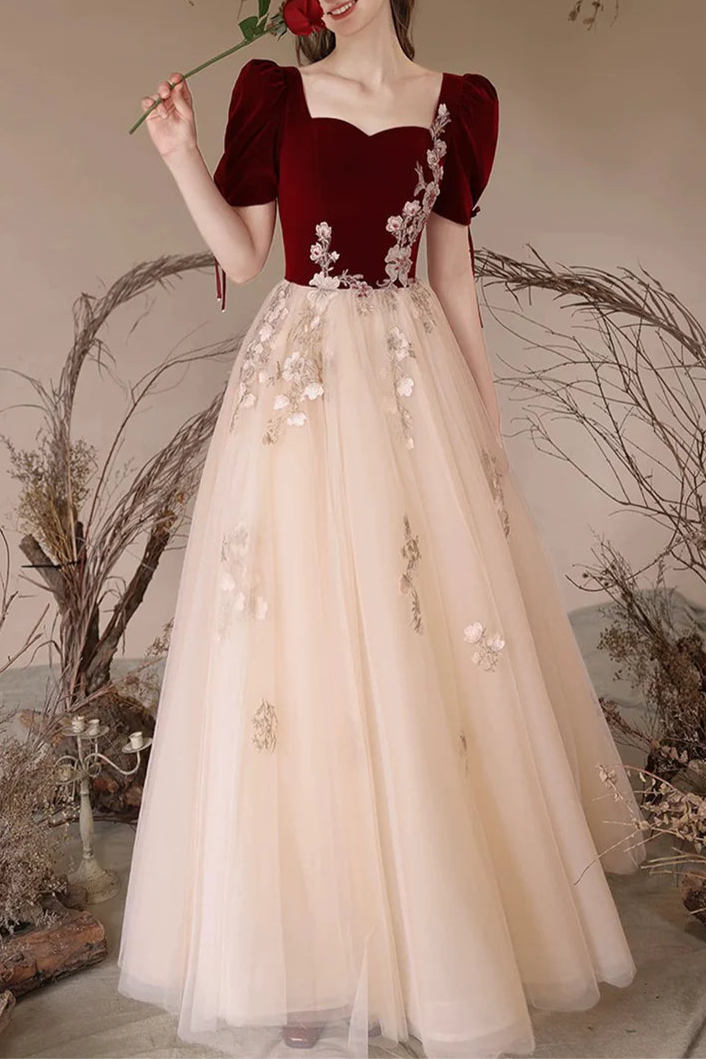 Burgundy Velvet Tulle Beaded With Applique Long Prom Dress Elegant A-Line Short Sleeve Evening Dress